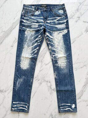Embellish NYC Mens Jeans Size 34 Blue Paint Splatter Bleach Brush NWOT